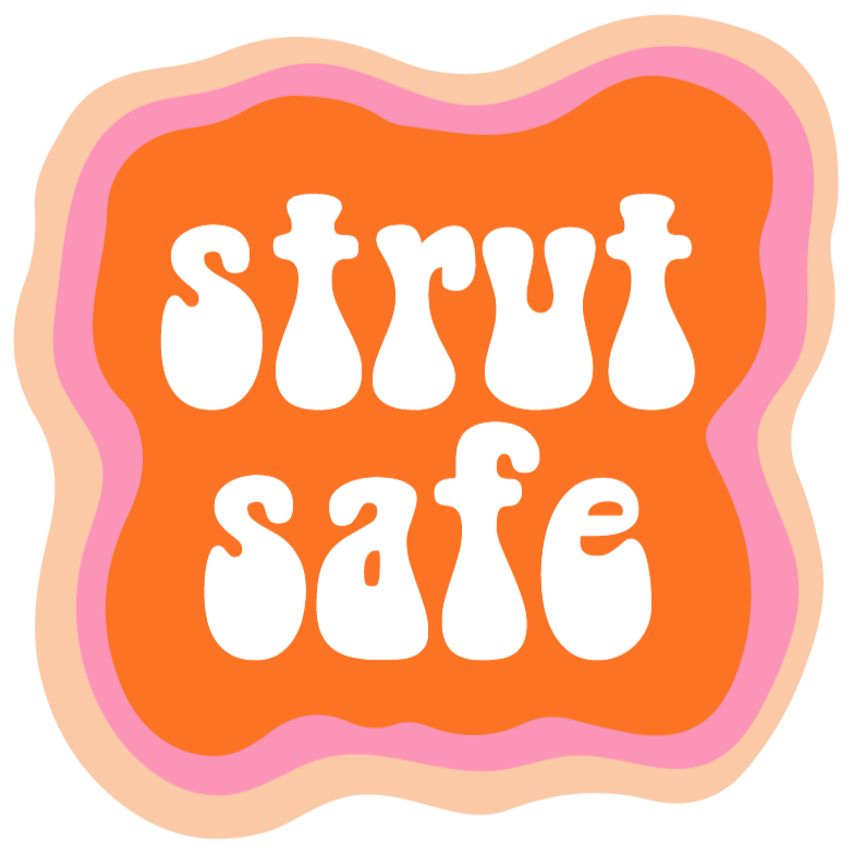 Strut Safe logo. The words Strut Safe in pink on an orange and peach background