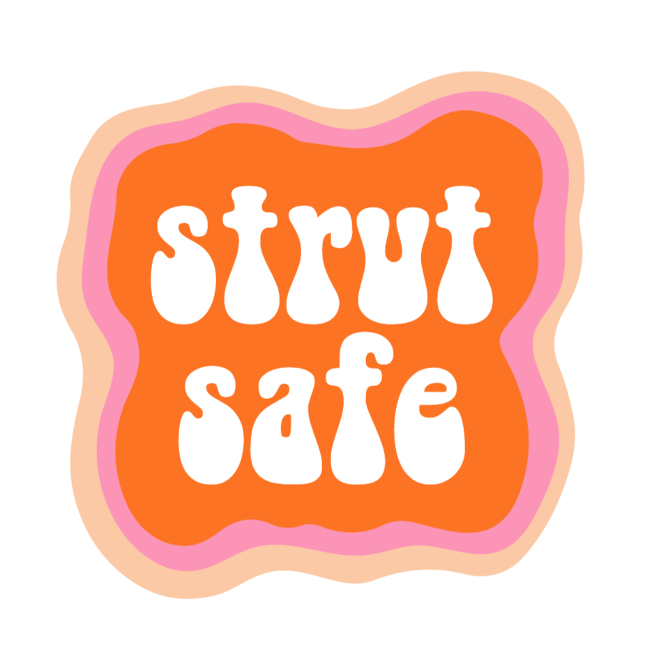 Strut Safe logo. The words Strut Safe in pink on an orange and peach background