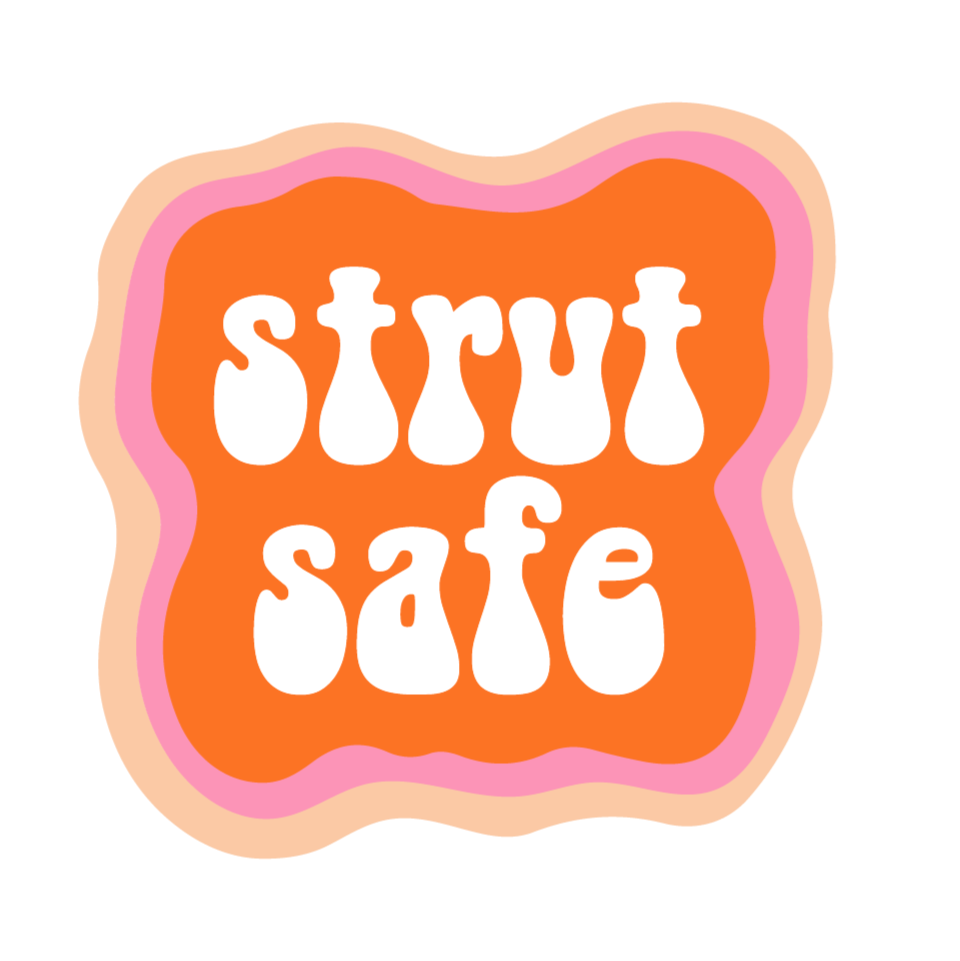 Strut Safe logo. The words Strut Safe in pink on an orange and peach background