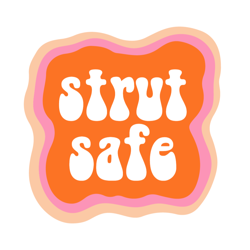 Strut Safe logo. The words Strut Safe in pink on an orange and peach background