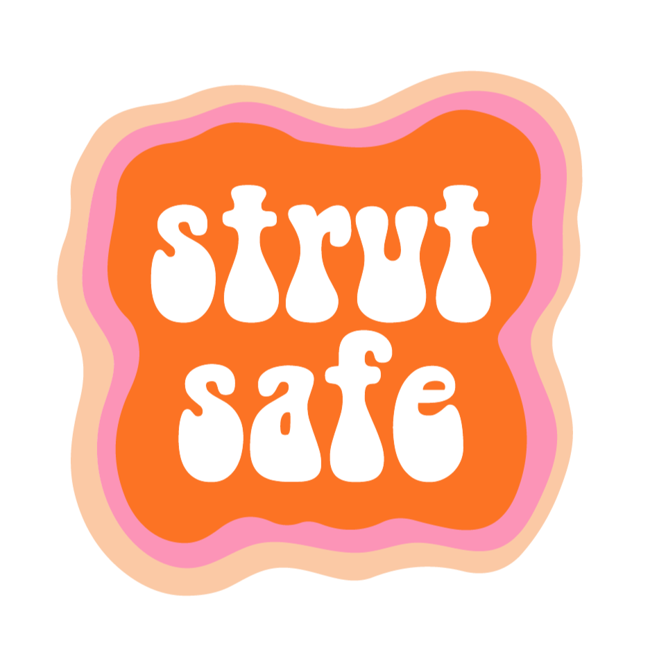 Strut Safe logo. The words Strut Safe in pink on an orange and peach background